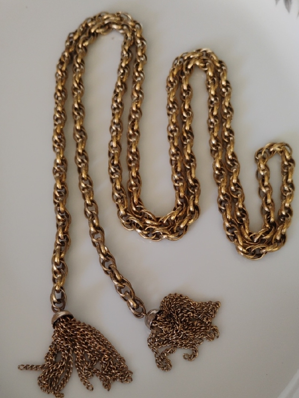 Vintage Long Rope Chain Necklace with Tassels Gold tone